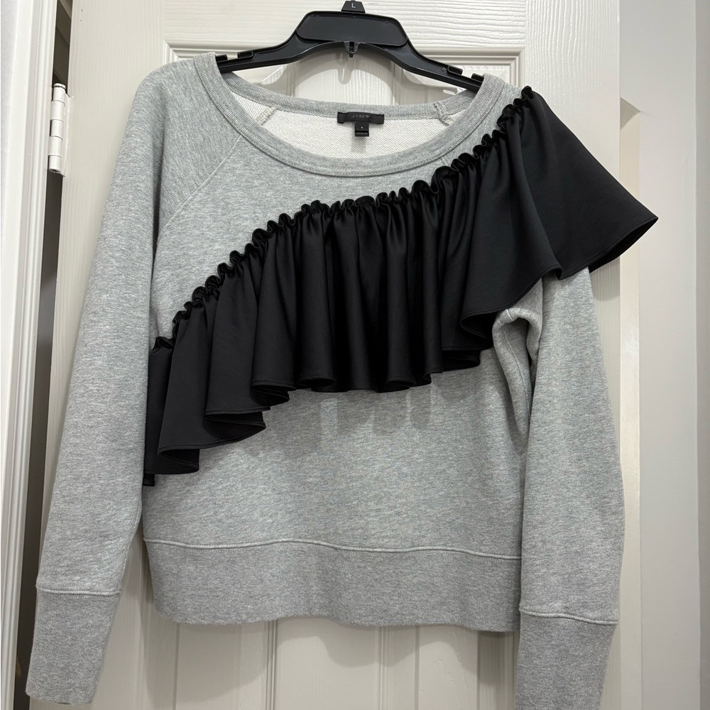 J. Crew Black & Gray Sweatshirt Size Small with black satin Ruffle boho girly